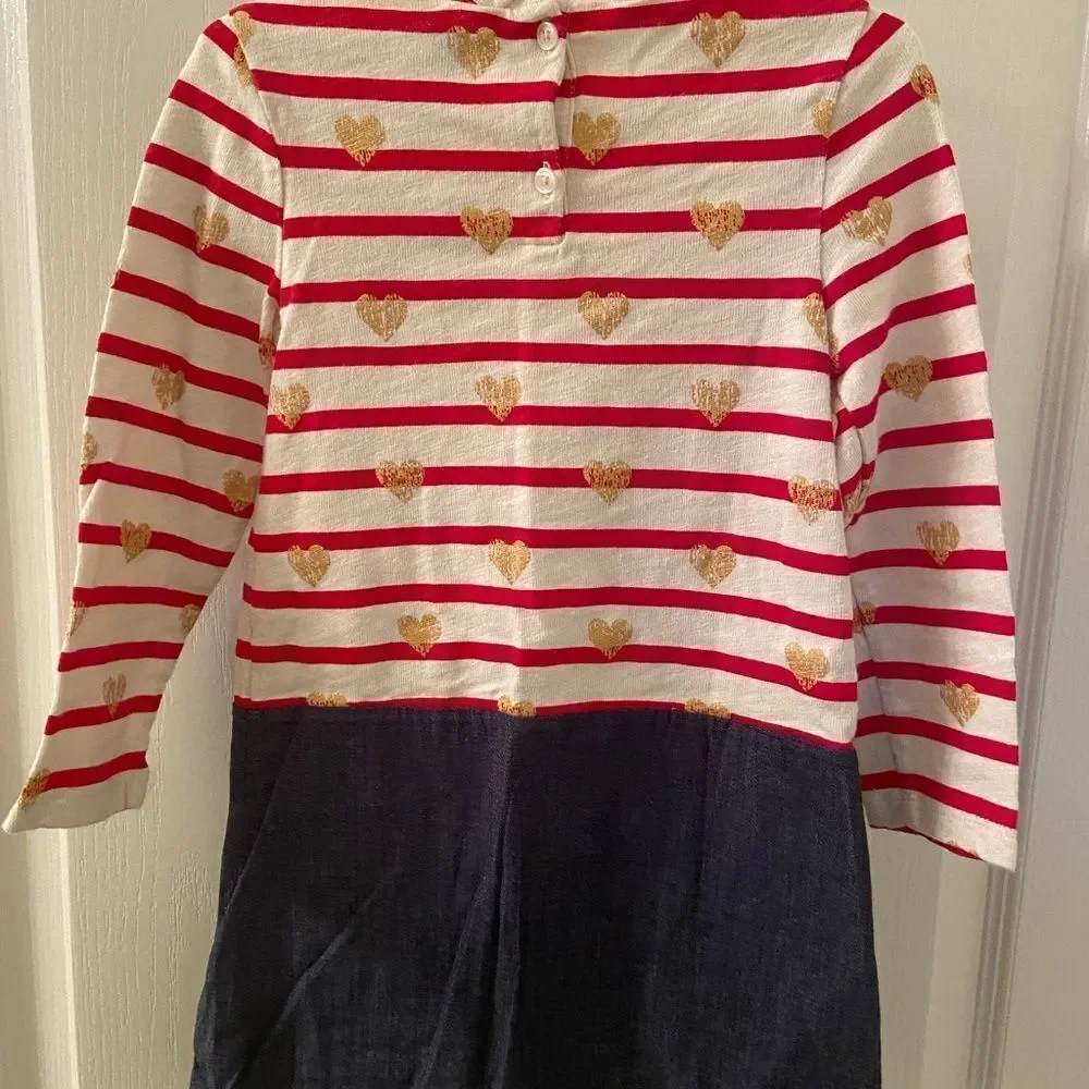 Baby Gap Long Sleeve Dress Red Striped Gold Hearts Chambray Skirt Girls Size 4T